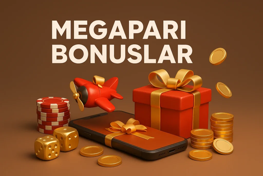 Megapari Bonuslar – Özel Kampanyalar ve Fırsatlar Megapari bonusları, hediye kutusu ve altın madeni paralarla 3D gerçekçi görsel