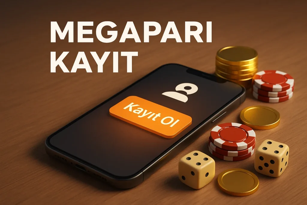 Megapari kayıt ol ekranı, telefon ve altın fişlerle 3D görsel